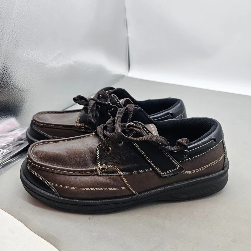 Orthofeet Mens Brown Black Leather Boat Shoes Lace Up Orthopedic Loafers 12in